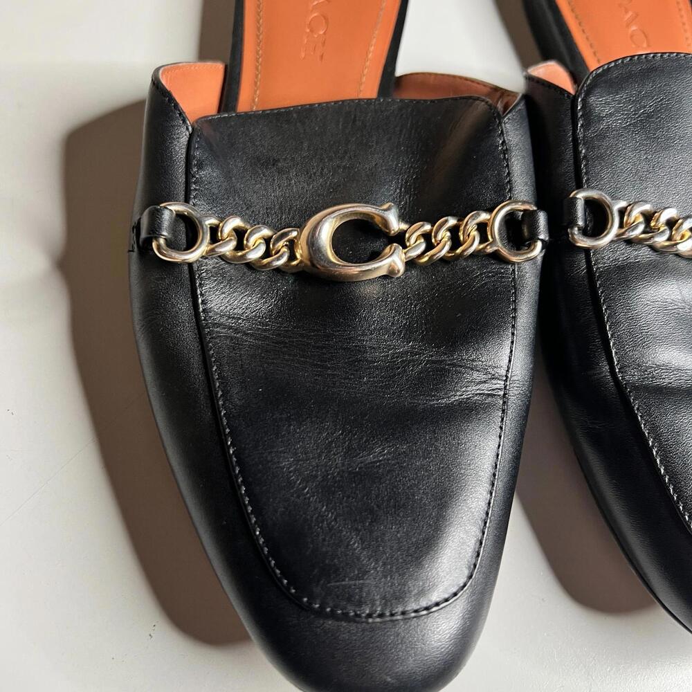 Vintage Coach Black Leather Mules Gold Chain Slip On Shoes Women’s 7B - Picture 2 of 8